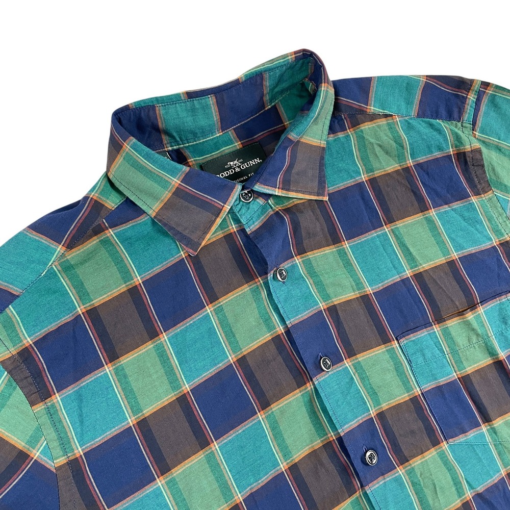 Rodd & Gunn Shirt Men L Blue Green Plaid Short Sleeve Button Down Italian Fabric